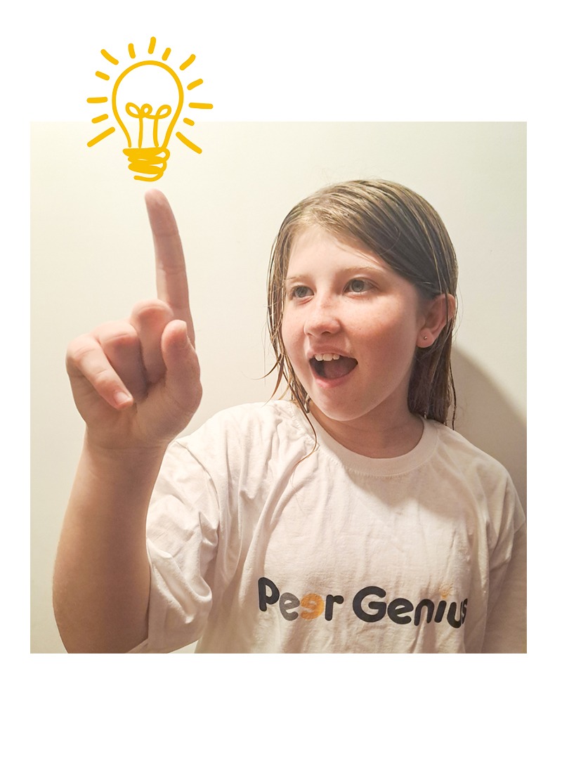 Student with arm raised and image of lightbulb radiating from pointed finger